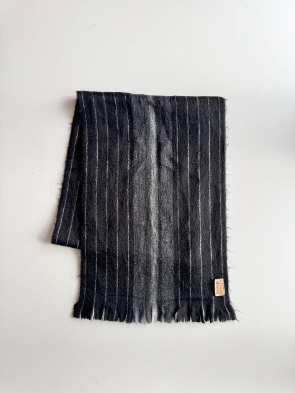 POKOLOKO Black Grey Striped Alpaca Blend Fringed Rectangle Scarf